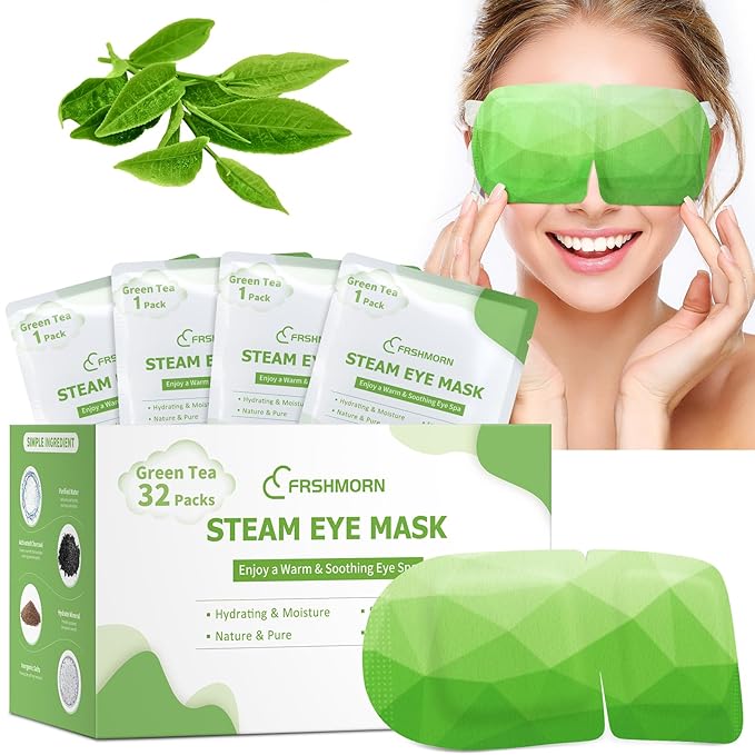 32Packs Steam Eye Mask, Heated Eye Mask for Sleeping, Warm Compress for Eyes, Self Heating Disposal Steam Mask for Home Sleep, Office, Spa, Travel Essentials Mothers Day Gifts (Green Tea)