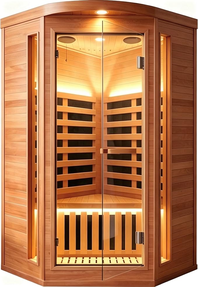 Sauna, Infrared Sauna for Home Far Infrared Saunas Room Corner Sauna for 1 Person Low-EMF Wood Dry Sauna with Speakers Oxygen Bar 7 Color Light 1300W Fast Heating Easy Assembly 37.4x37.4x70.9
