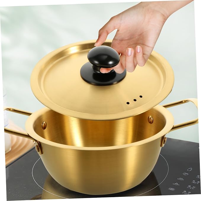 Zerodeko 1set Stainless Steel Double-handle Instant Noodle Pot for Soup and Ramen Korean Style Cooking Utensil Lid for Home Office and Camping Use