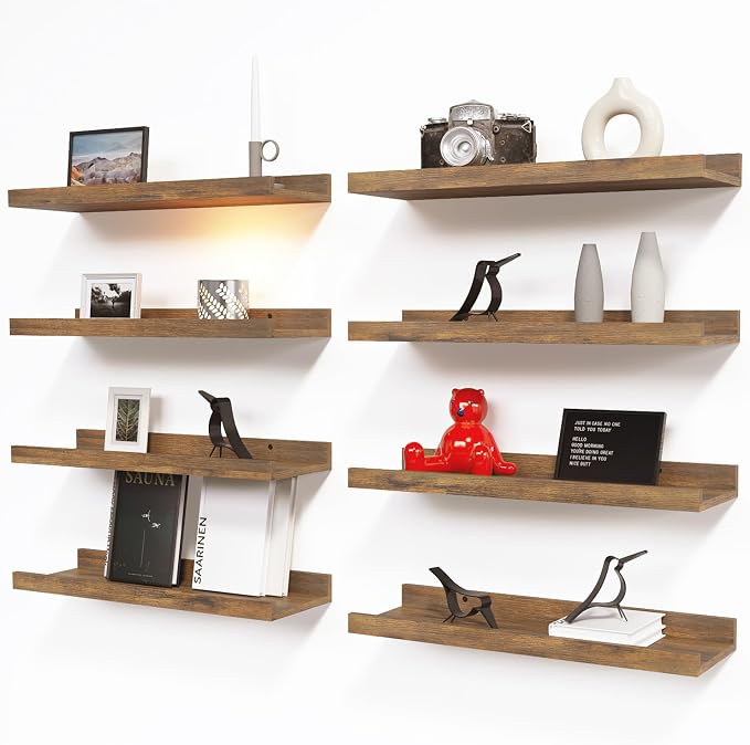 RICHER HOUSE 8 Set Floating Wall Mounted Shelves, Nursery Hanging Book Shelves with Lip for Storage, Display Picture Ledge Shelf for Bedroom Bathroom Kitchen Living Room Wall Decor, Rustic Brown | Display Picture Ledge Shelf, Anti-drop lip Shelf for Ro...
