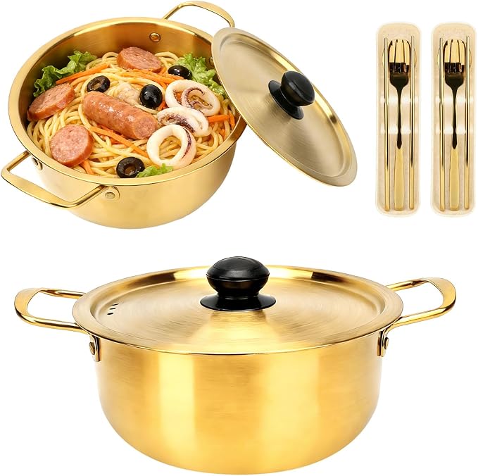 2-Pack Stainless Steel Korean Ramen Pot 7" & 7.8" with Lid Utensils | Noodle Cooking Pot Comes with Spoon, Chopsticks & Fork for Soup, Pasta and Daily Cooking