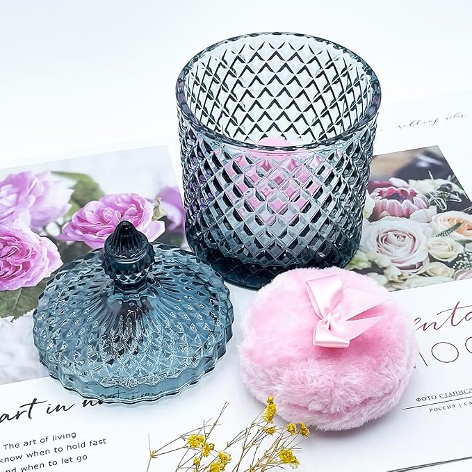 Luxury 4.2 Inch Glass Powder Container with 2 Plush Puffs｜Non-Sealed Organizer for Body Powder&Makeup｜Setting Loose Powder Applicator with Storage(Pointed Cylinder-Gray Blue-Large
