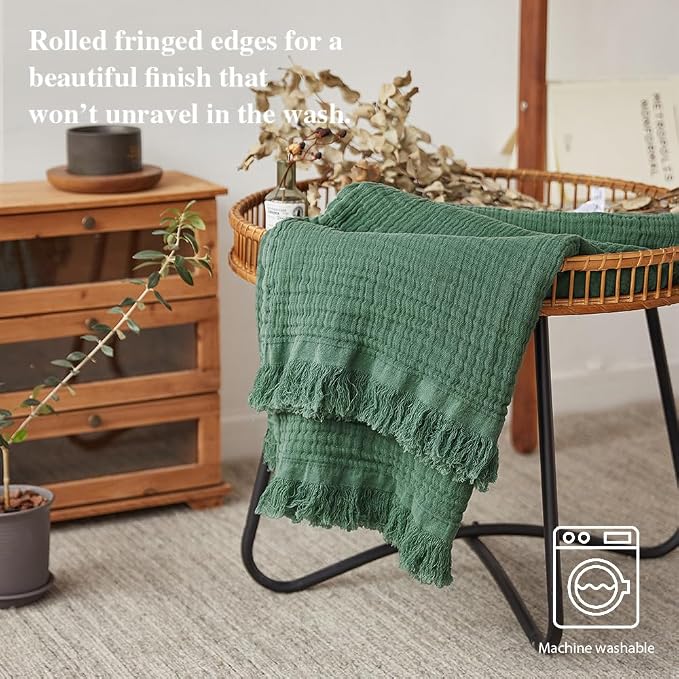 Simple&Opulence Cotton Muslin Throw Blanket for Bed, Couch, Knit Woven Gauze Blanket with Tassels, Soft Lightweight Cozy Pre-Washed Breathable Farmhouse Decoration for All-Season (Olive Green)