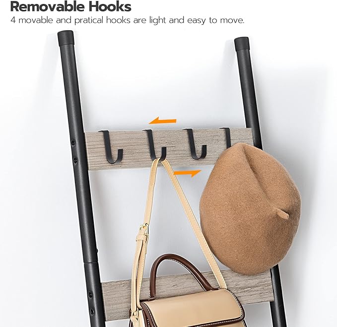 HOOBRO Blanket Ladder, 5-Tier Towel Rack with Hooks, Wall-Leaning Blanket Rack, Decorative Display Ladder Shelf, Scarves, Industrial, Living Room, Bedroom, Greige and Black BG52CJ01