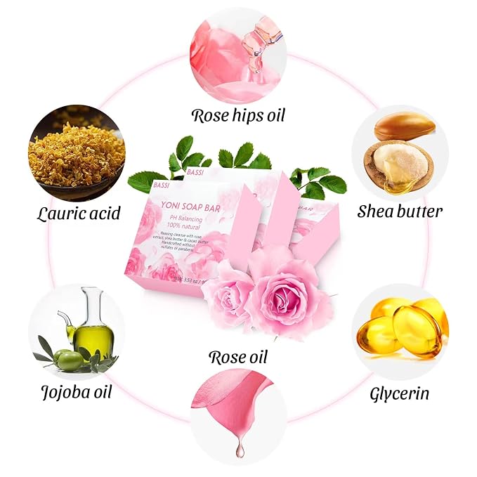 Yoni Soap Bars Feminine Wash 3 PCS, 100% Natural Organic Bar Soap for Women pH Balance, V Cleansing Soap for Daily Freshness & Odor Control, Handmade Rose Soap with Foaming Net 3.53 oz