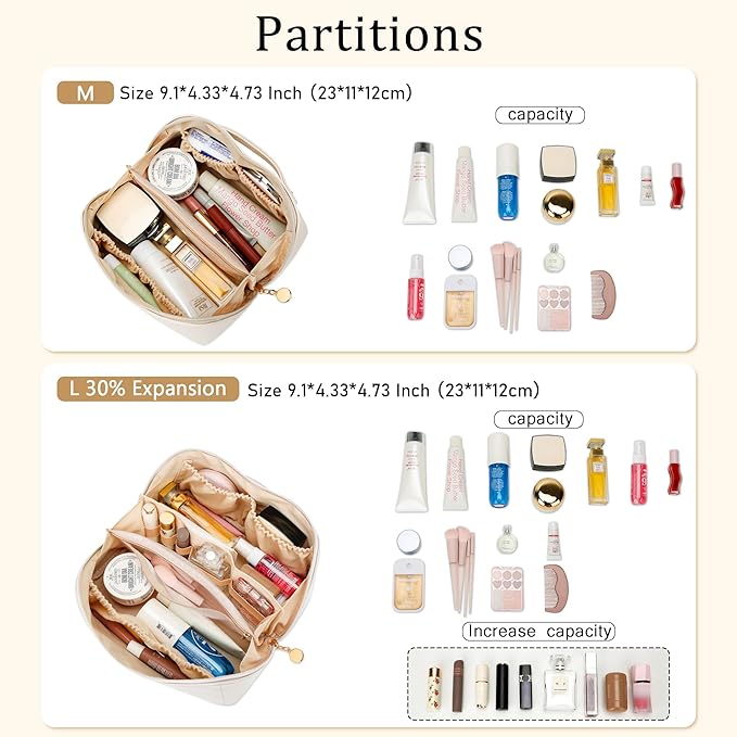 Birthday Gifts for Women Teen Girl, Personalized Initial Makeup Organizer Bag Set, Open Flat Travel Cosmetic Bag With Clear Divider and Handle(Large-Beige,K)