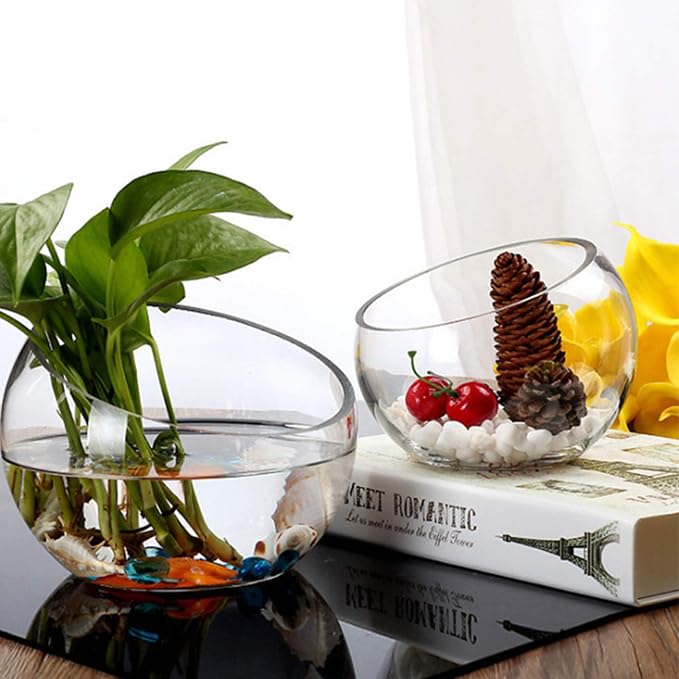 WGVI Clear Slant Cut Bowl Glass Vase, Glass Terrarium, Candy Dish, Glassware, Slant Cut, 7" Width, 6" Height (1 Piece)