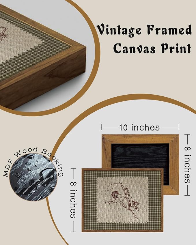 ZZLWBKGL Western Wall Decor Vintage Canvas Art Framed Wall Art 8x10in | Farmhouse Cowboy Artwork West Stamp Picture Mid Century Aesthetic for Living Room Bedroom