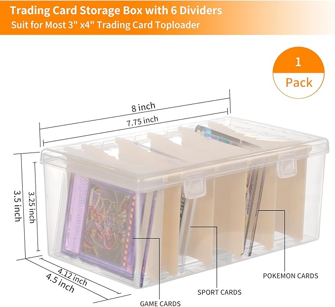 Trading Card Storage Box with 6 Dividers,Toploads Storage Box Plastic Baseball Card Storage Box for 500+ Sports Cards 100+ Top Loads for MTG Magic TCG Yugioh Playing Card Case Holder (1 Pack)