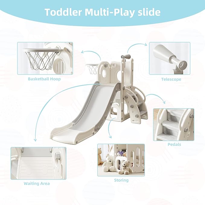 6 in 1 Toddler Slide, Indoor Outdoor Playground for Kids 1-3, Baby Slide with Basketball Hoop, Storage, Climber and Telescope,Gray White