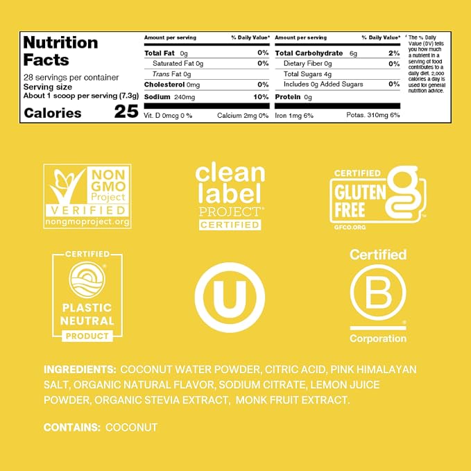 Cure Hydration | Plant-Based Electrolyte Drink Mix | No Added Sugar | FSA-HSA | Dehydration Relief Powder Made with Coconut Water | Non-GMO | Vegan | 28 Servings Jar - Lemonade
