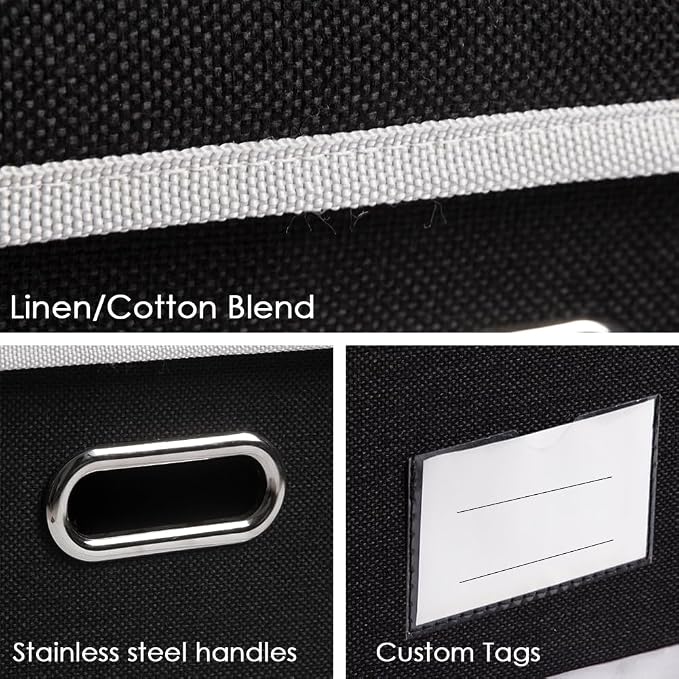 Foldable Storage Bin with Lid [5-Pack] Linen Fabric Decorative Storage Box Organizer Container Basket Cube with Handles Divider for Closet Office Living Room Black(14.9x9.8x9.8)