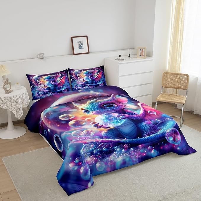 Feelyou Dragon Comforter Set Twin Size Kawaii Comforter for Boys Girls Teens Wild Life Bedding Set Dragon Decor Duvet Set Room Decor Purple Blue Quilt Set