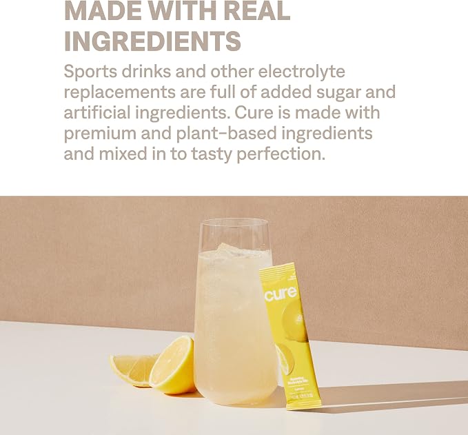 Cure Hydration | Plant-Based Electrolyte Drink Mix | No Added Sugar | FSA-HSA | Dehydration Relief Powder Made with Coconut Water | Non-GMO | Vegan | Pouch of 14 Packets - Lemonade