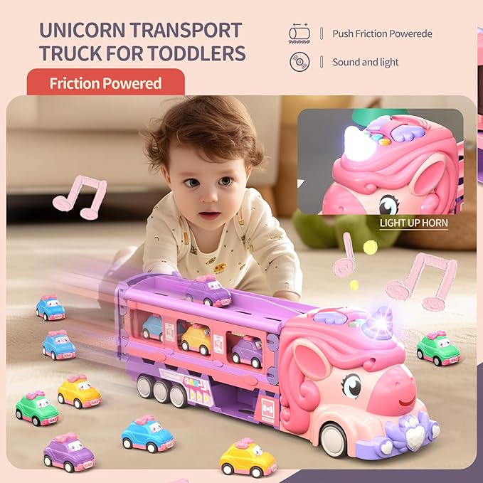 Car Toys for 3 4 5 6 7 Year Old Toddler Girl, Unicorn Toys Truck & Foldable Race Track W/Light & Sound, Friction Power Toy Cars W/ 9 Princess Cars, Birthday Gift for Kids Girls Age 4-6