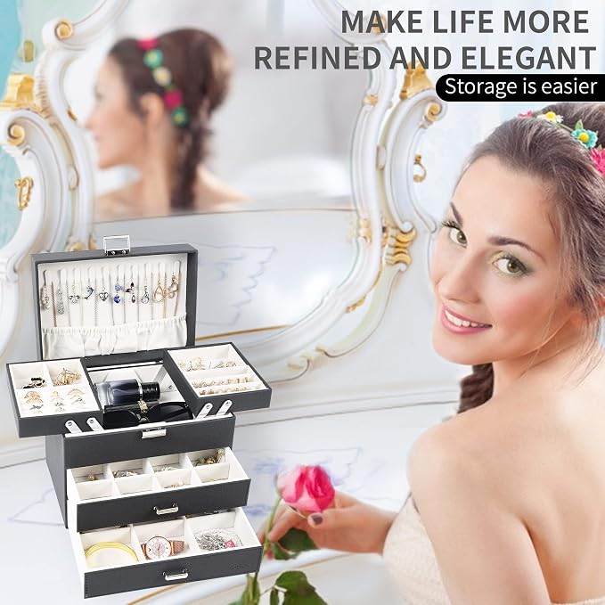 Jewelry Organizer Box, Large Jewelry Boxes for Women Girls, Space-Saving 4 Layers Jewelry Storage Case with Drawer, Movable Metal Stand, Modern, Gift Idea (Black + Silver)