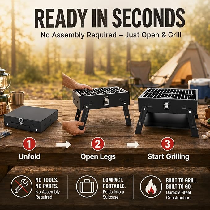 Small Portable BBQ Charcoal Grill: Mini Foldable Table Top Barbecue Grills | with Stainless Steel BBQ Grilling Tool Set, Fathers Day Birthday Grilling Gift for Men Dad Husband