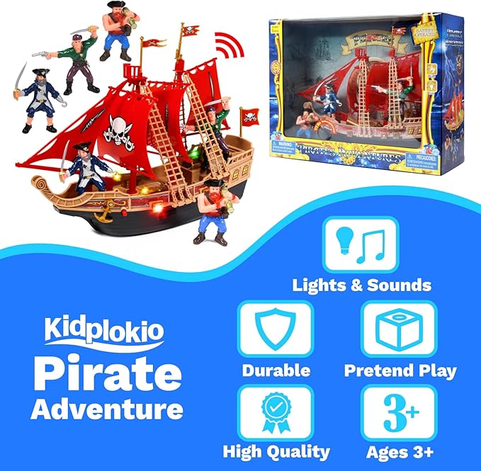 2-Pack Toy Pirate Ship Boat Adventure Playset with Lights Sounds Action Figures, Red, Boys, Ages 3+