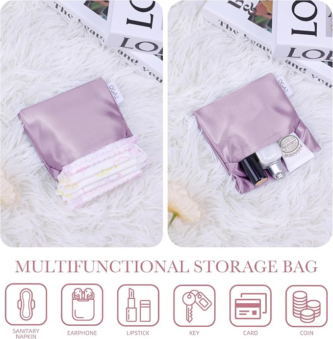 DGAZ Silk Sanitary Napkin Storage Bag, Period Bag for Teen Aged Girls, Portable Period Bag for Panty Liners/Menstrual Cup/Small Tampons，Mini Makeup Bag for Purse(Lavender)