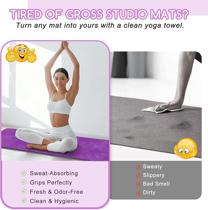 Hot Yoga Mat Towel Set – Non-Slip 600GSM Thickened Microfiber Yoga Mat Cover (70"x25.5") + Hand Towel – Super Absorbent, Skidless Sweat Towel for Hot Pilates, Bikram & Fitness, Dark Purple
