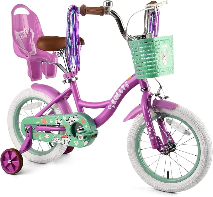 RULLY 12-16 Inch Girls Bike with Doll Seat Basket and Training Wheels for 2-6 Years Children