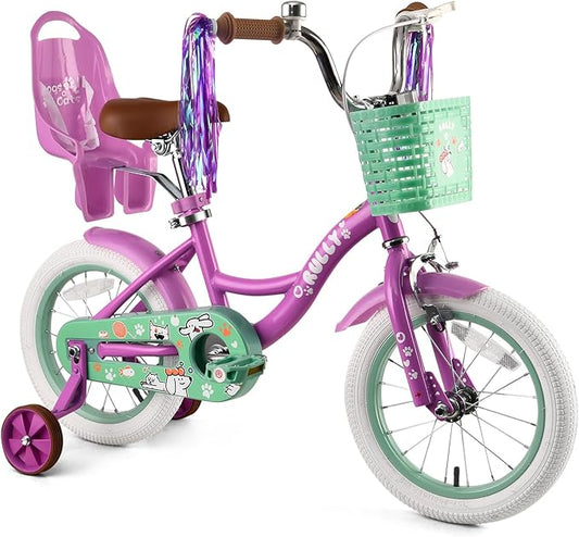 RULLY 12-16 Inch Girls Bike with Doll Seat Basket and Training Wheels for 2-6 Years Children