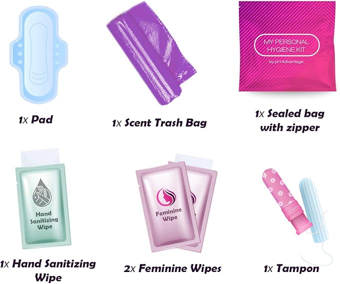 3 x Menstrual All-in-One Kits - Assorted Colors | Convenience on The Go | Single Period Kit Packs | Individually Wrapped Feminine Hygiene Products (Red Purse/Pink/Purple)