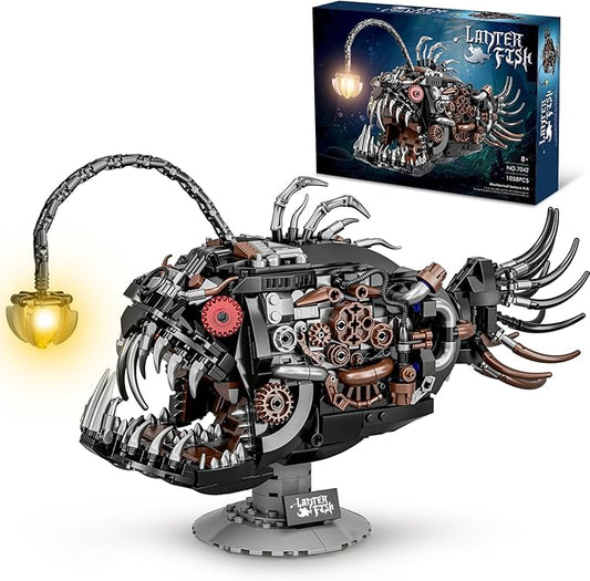 Steampunk Mechanical Lantern Fish Building Set with Light, Creative Ocean Animal Toy for Home Office Decor, Compatible with Lego for Adults, STEM Gift for Teens Kids Boys 8-14 (1038 PCS)