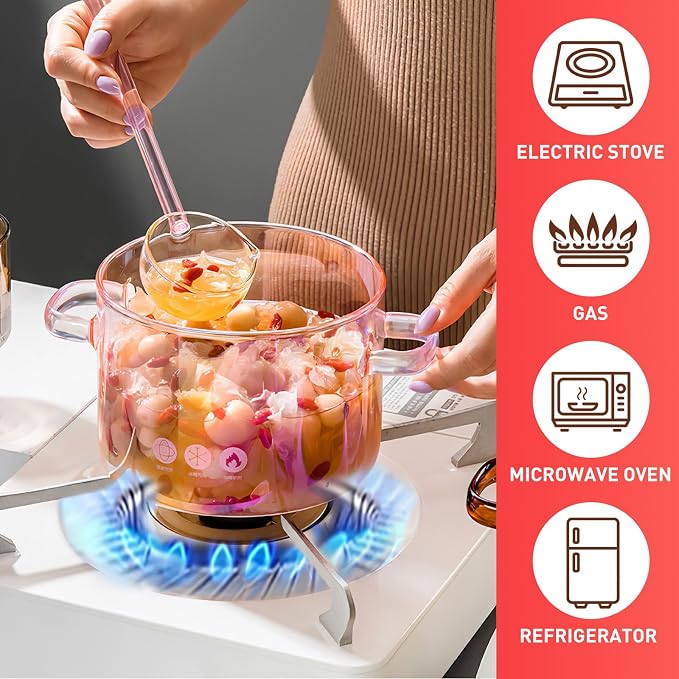 TOYANDONA Glass Cooking Pot 5L Double-Handle Stew Pot with Lid Heat-Resistant Borosilicate Glass for Soup Noodles Ramen and Household Cooking