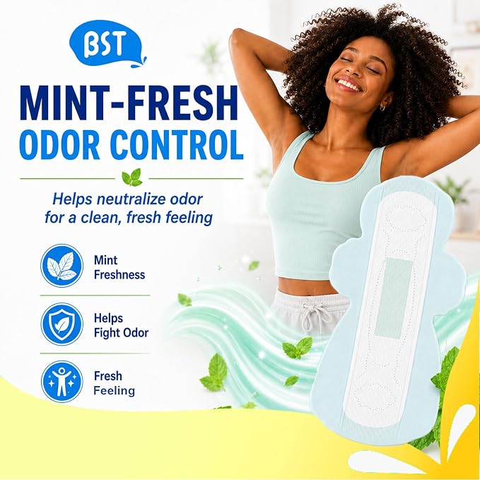 BST Mint Fresh Pads for Women, Breathable Thin Sanitary Napkins with Wings, Odor Control & All-Day Freshness, Heavy Absorbency, Feminine Care, Active Lifestyle Use（Large, 24 Count, Packaging May Vary）