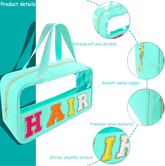 Bunliuys Chenille Letter Clear Makeup Bag Hair Patch, Travel Toiletry Makeup Bag with Handle, Nylon Waterproof Makeup Bags clear cosmetic bag, preppy patch makeup bag for Women (HAIR-Mint Green)