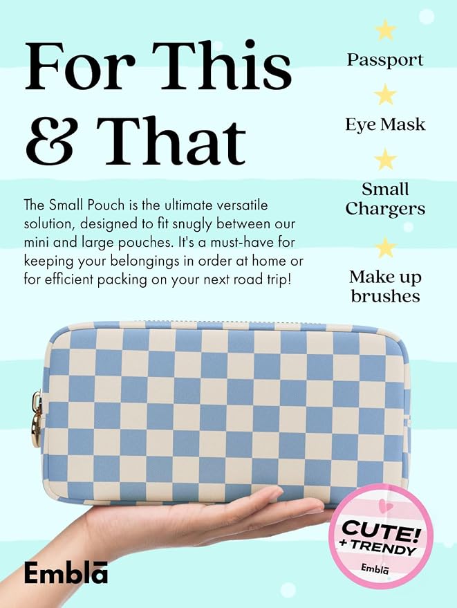 Makeup Bag Travel Cosmetics Pouch and Toiletry Bag, Nylon Zipper Pouch Purse, Cute Make Up Organizer Storage Tote for Women Girls, Travel Skincare Case, Small Makeup Case, Sky Checkered