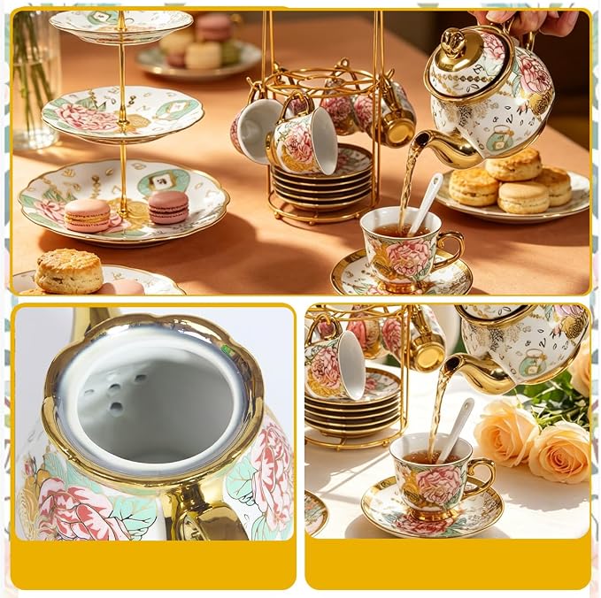 CHANJOON Gold Plated Red Rose Ceramic Tea Set, Vintage Tea Sets with Teapot, Beautiful Tea Set Coffee Serving 6 People (Golden, Medium)