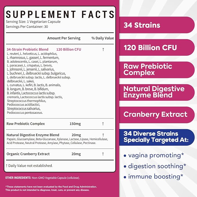 Probiotics for Women, 120 Billion CFU 34 Strains, Prebiotics, Digestive Enzymes, Cranberry, 4-in-1 Feminine Probiotic, Digestive, Vaginal, Immune Support, 30ct