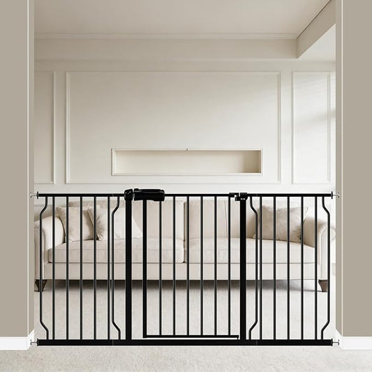 WAOWAO Baby Gate 57.48-62.20" Extra Wide Pressure Mounted Walk Through Swing Auto Close Safety Black Metal Toddler Kids Child Dog Pet Puppy for Stairs,Doorways,Kitchen