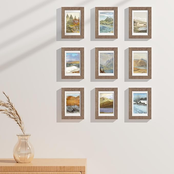 Vittanly 4x6 Picture Frames Set of 9 for Wall Mount or Tabletop, Dark Oak | Display Pictures 3.5x5 with Mat or 4x6 without Mat, Small Photo Frames, Engineered Wood with Shatter Resistant Plexiglass