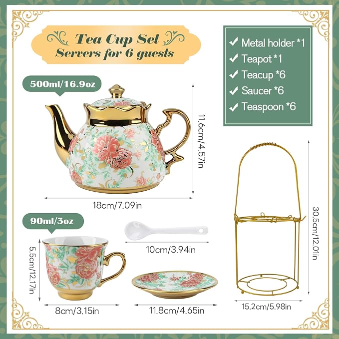 20 Pcs Porcelain Tea Set with Metal Holder, Adult Tea Set Gift, European Ceramic Tea Set for Adults, Flower Tea Cup Saucer Set for Party With Gold Flower Painting (Vibrant Green)