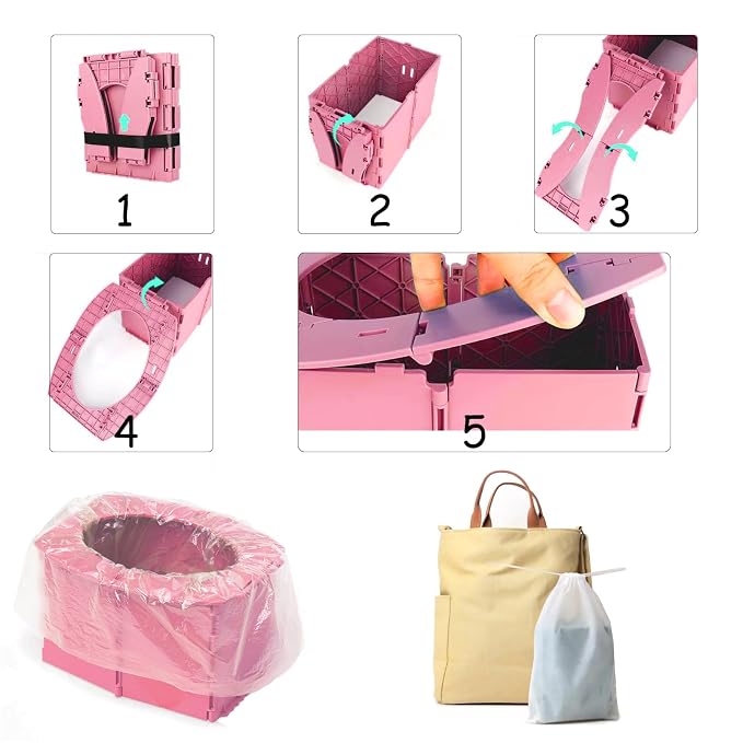 Portable Potty Seat for Toddler Foldable Travel Potty Training Toilet Seat with Cleaning Bags Reusable for Outdoor Camping, Travel, Kids Toddler Travel Potty Seat (Pink)