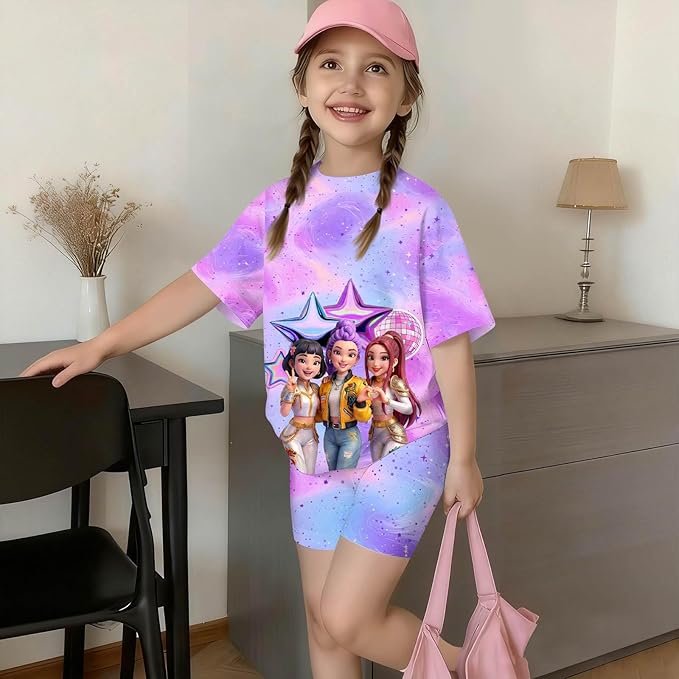 K-POP DEM0N Hunters Outfits for Girls, 2 Piece T-Shirts and Apparel Sets Birthday Gift