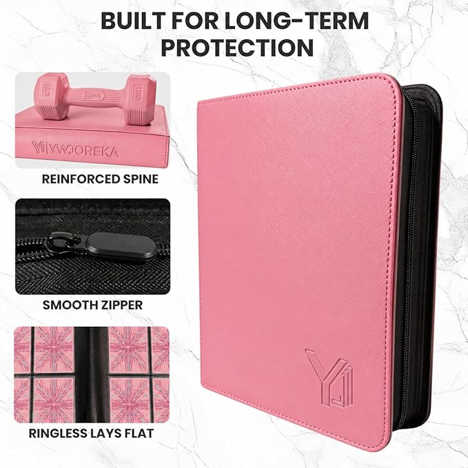 Toploader Binder 4 Pocket, Holds 128 Toploaders, Double-Sided Card Storage Binder for 3" x 4" Rigid Cards, PU Leather Album for Trading Cards & Sports Cards(pink)