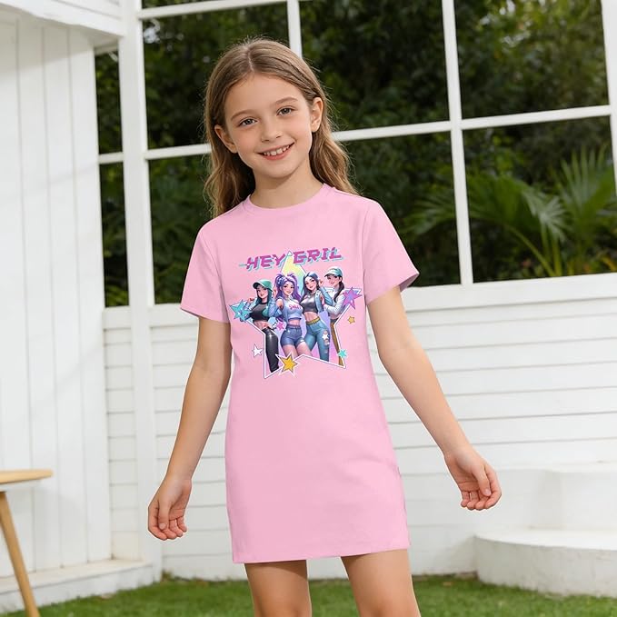 Girl's Anime K-POP Graphic Long Dress T-Shirt - Casual Loose Fit Short Sleeve Top