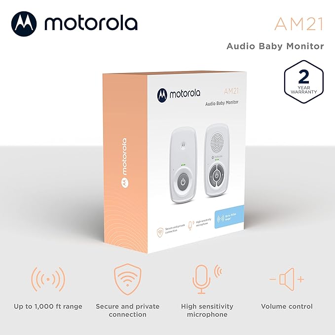 Motorola Nursery Baby Monitor Audio Only, No WiFi, Long Range AM21 with Private Connection, Cry Detection, Volume Control, Portable Parent Unit, Ideal for Safe Monitoring