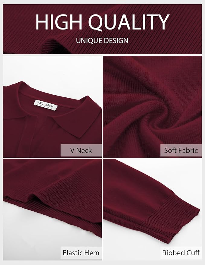 Women's Long Sleeve Classic V Neck Casual Fall Winter Polo Sweater Tops | Basic Collared Knitted Fashion Work Business Formal Daily Wear Versatile Pullover Shirts