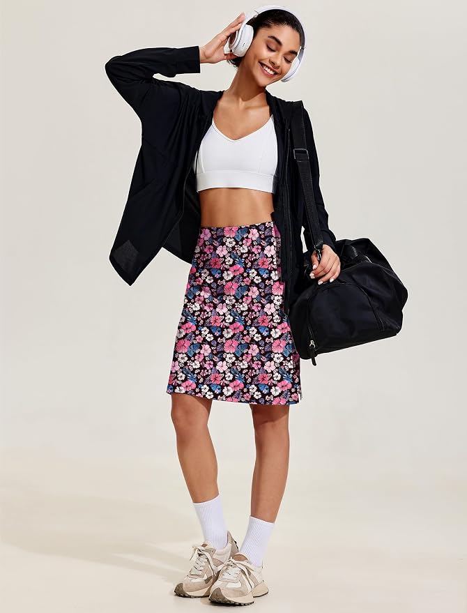 COOrun Women's 20" Knee Length Skirts High Waisted Golf Skorts with Pockets | Soft, Quick Dry, Split Hem, Built-in Shorts, A-line, Modest Skirts, for Golf Athletic Tennis Work Casual