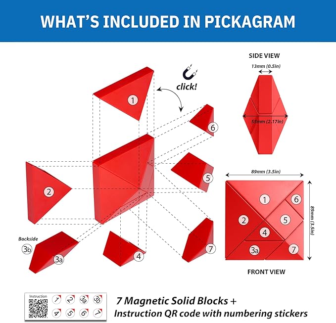 Pickagram Tangram 3D Magnetic Puzzle for Kids (8-12), Adults & Seniors | STEM Certified Fidget Puzzle - Magnetic Pattern Blocks for Cognitive Development, Creativity & Focus - Orange
