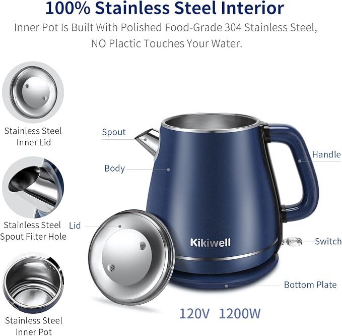 Electric Kettles Stainless Steel for Boiling Water, Double Wall Hot Water Boiler Heater, Cool Touch Electric Teapot, Auto Shut-Off & Boil-Dry Protection, 120V/1200W, 1.8Liter, 2 Year Warranty(Blue)