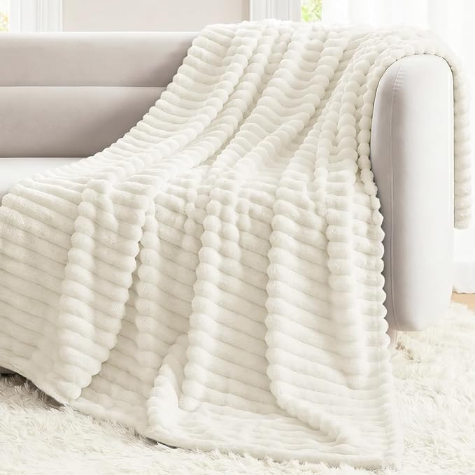 Cream White Twin Blanket for Bed & Couch, 60 x 80 Inch | 300GSM Ribbed Fleece Blanket, Soft, Cozy & Lightweight, OEKO-TEX Certified, All-Season Use for Travel, Dorm & Home Decor