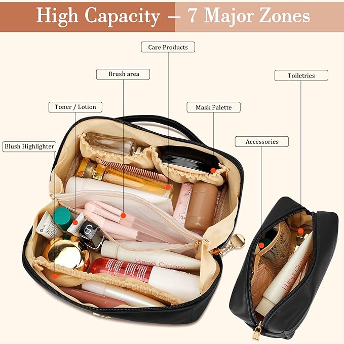 Birthday Gifts for Women Teen Girl, Personalized Initial Makeup Organizer Bag Set, Open Flat Travel Cosmetic Bag With Clear Divider and Handle(Black,M)