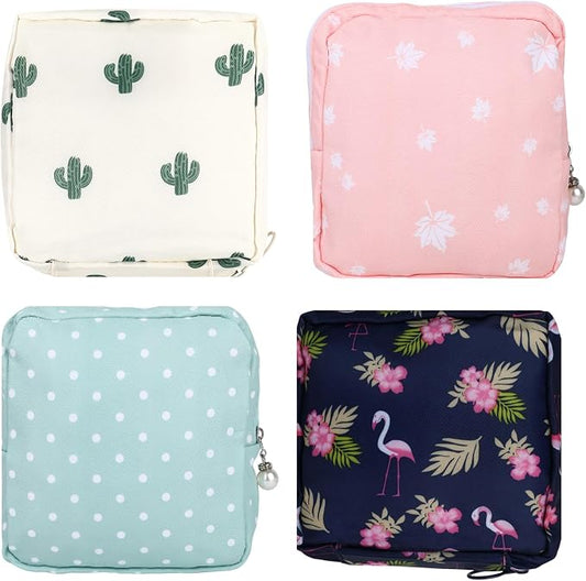 4 PCS Sanitary Napkin Storage Bag, Menstrual Pad Zipper Period Pouch Portable Period Bag Panty Liners, Pad Pouch with Zipper for Women Ladies Daily Use Purse Travel(Flamingo,4 Patterns)