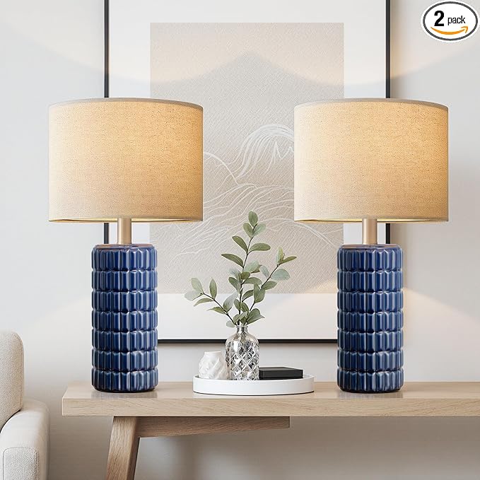 23" Modern Ceramic Table Lamps Set of 2 - Table Lamps for Living room, Farmhouse Bedside Night Stands Lamp for Bedroom, White Boho Nightstand Lamps Set of 2, Desk Lamp for End Table Home Decor(Blue)